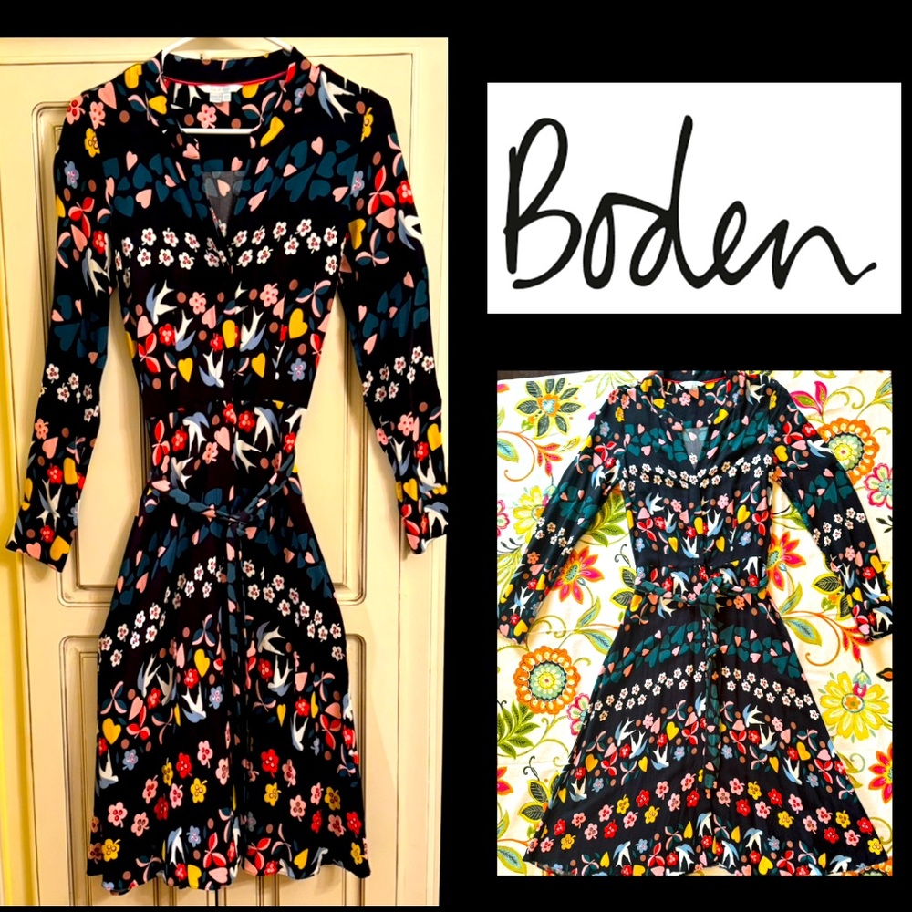 Boden Navy Floral Wrap-Style Dress